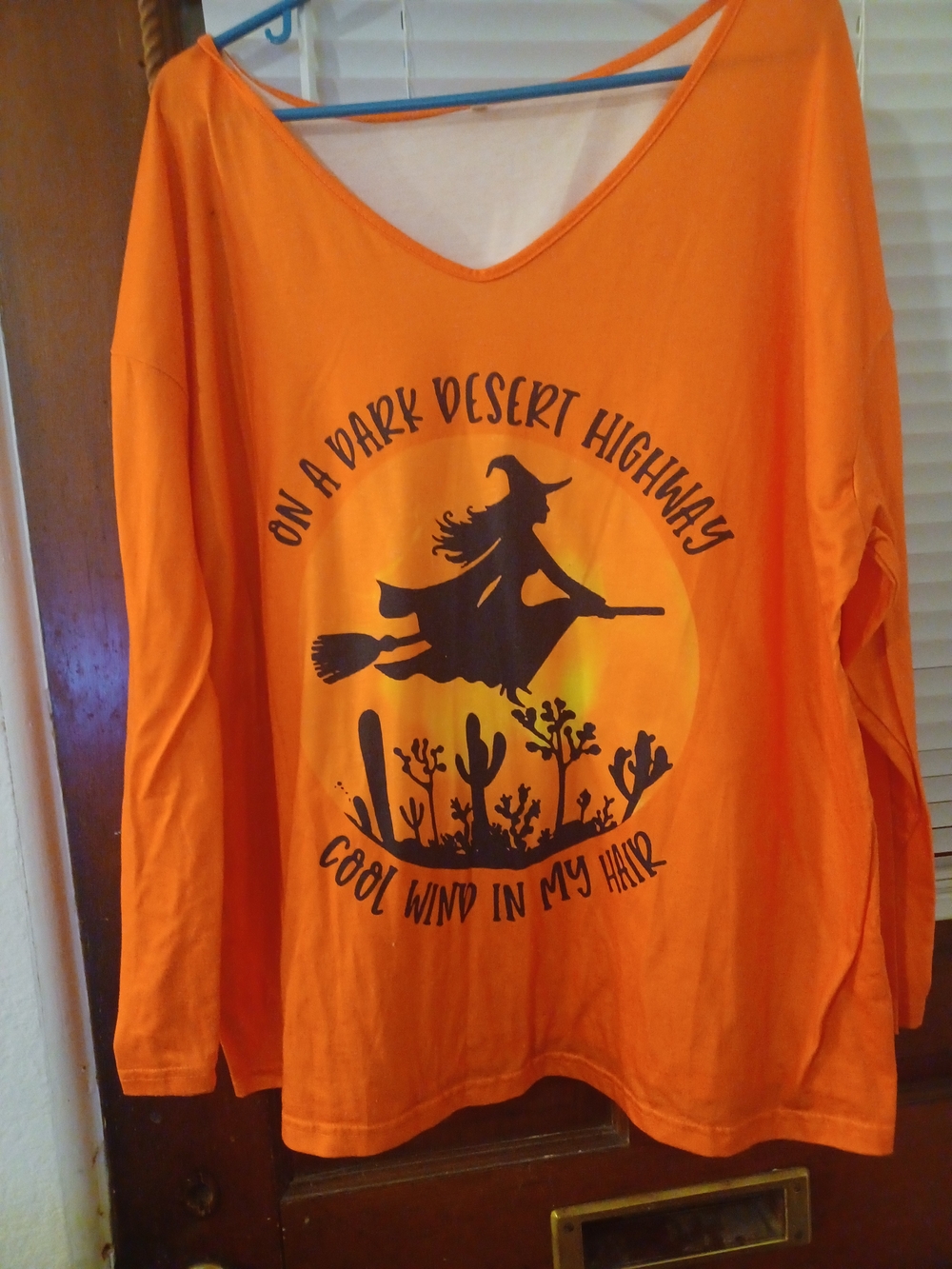 Orange Halloween Witch Graphic Long-Sleeve Womens Top On A Dark Desert Highway